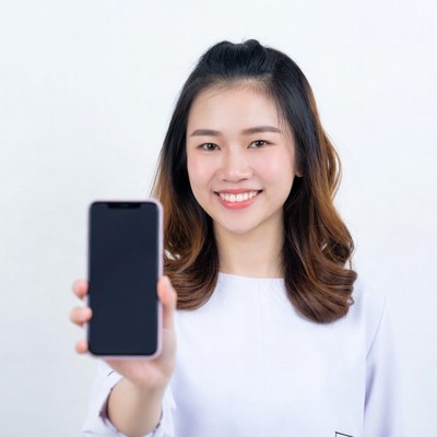 Asian woman holding blank smartphone