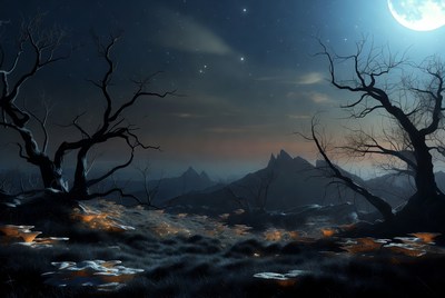 Moonlit Night Landscape with Dead Trees