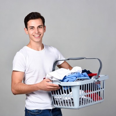Young man holding laundry basket