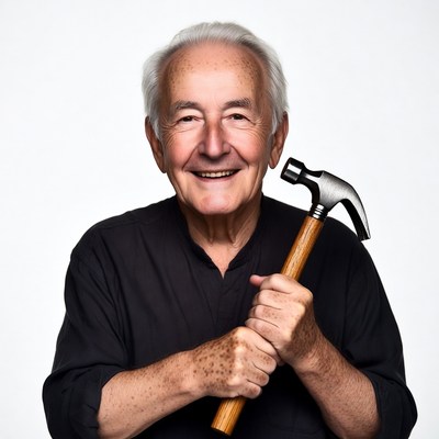 Elderly man holding hammer