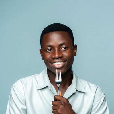 Smiling Black man holding fork