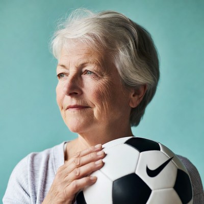 Elderly woman holding soccer ball