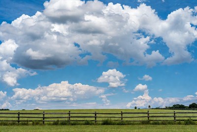 Wooden fence in green field under cloudy sky