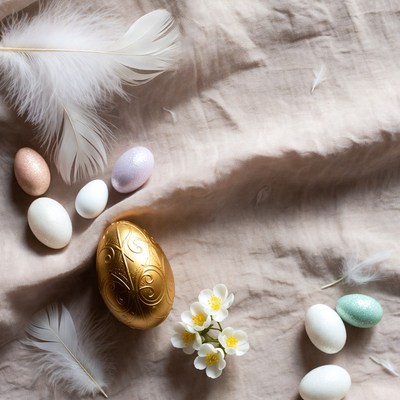 Easter Eggs with Feathers and Flowers