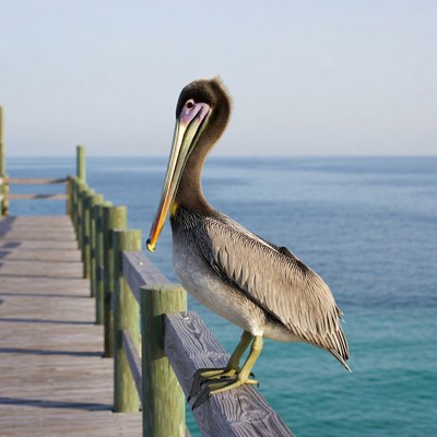 Brown Pelican on Wooden Pier