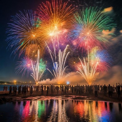 Crowd Watching Colorful Fireworks over Lake