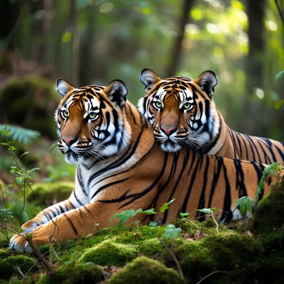 Two Tigers Resting in Forest