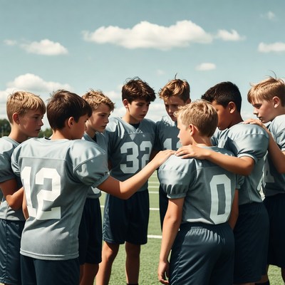 Boys football team huddle on field
