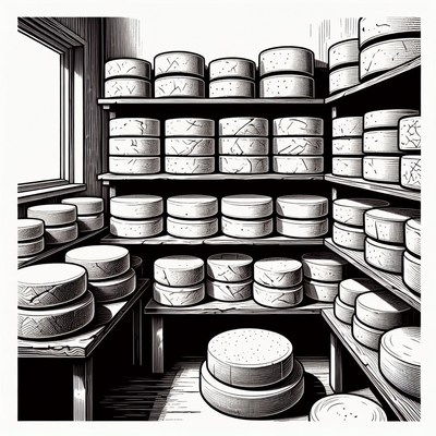 Stacked Cheeses in Cheese Shop