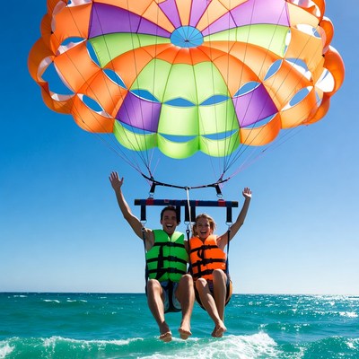 Couple parasailing over ocean