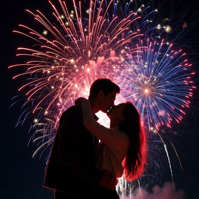 Couple kissing under fireworks
