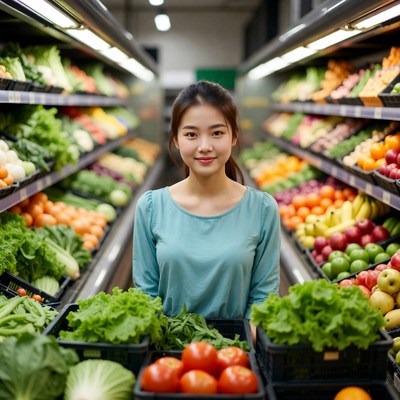 Asian woman holding vegetables in supermarket