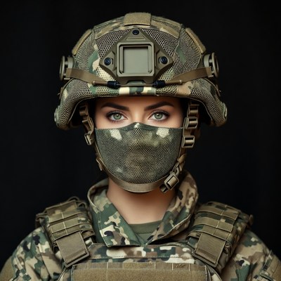 Woman in Camouflage Helmet and Mask
