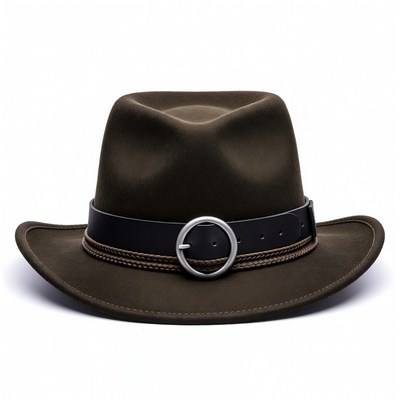 Brown leather-trimmed fedora hat