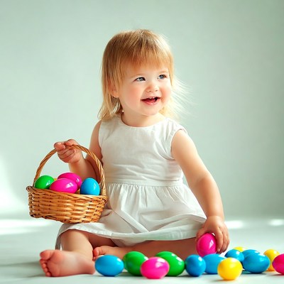 Blonde toddler girl with Easter eggs