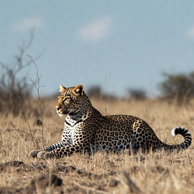 Leopard lying in dry savanna grass
