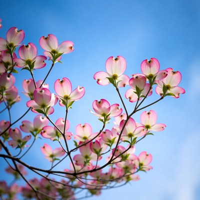 Pink Dogwood Flowers Against Blue Sky