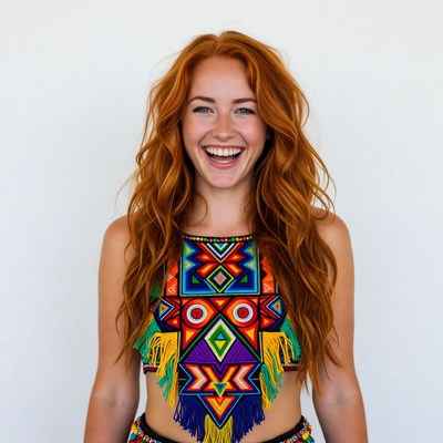 Redhead woman smiling in colorful top