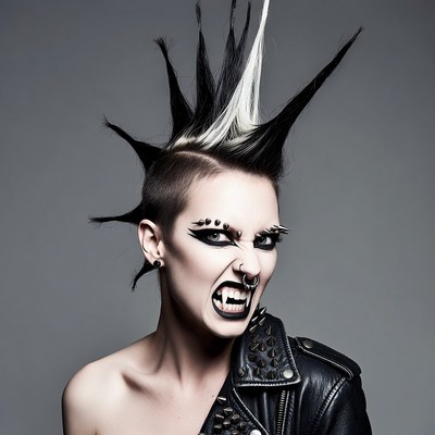 Woman with punk mohawk growling fangs