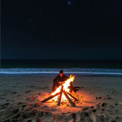 Man sitting by beach bonfire at night