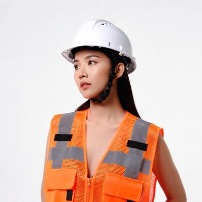 Asian woman in hard hat and safety vest
