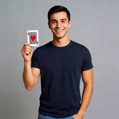 Man holding Queen of Hearts card