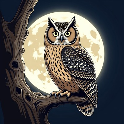 Owl perched on branch under moon
