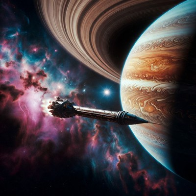 Spaceship Approaching Jupiter and Saturn