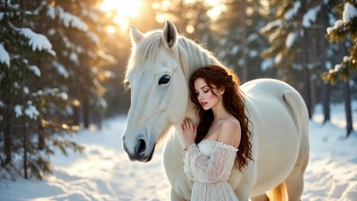 Woman hugging white horse in snowy forest