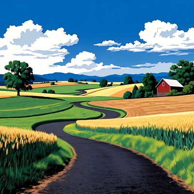Winding Road Through Colorful Farm Fields
