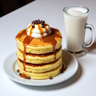 Stack of Pancakes with Whipped Cream and Milk