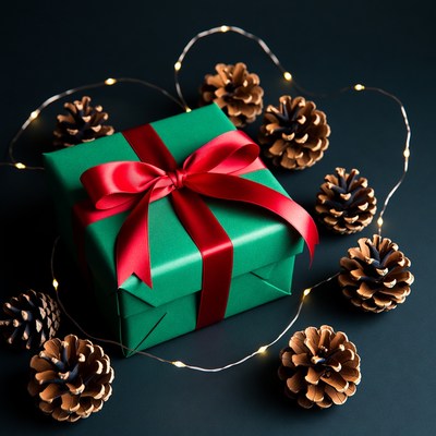 Green Christmas gift with pinecones