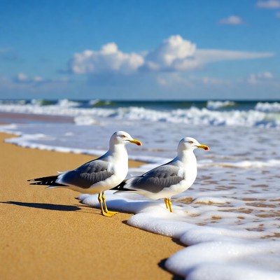Two seagulls on beach by ocean