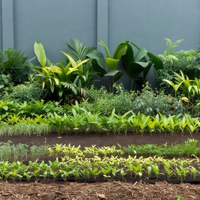 Lush Tropical Garden with Vegetable Seedlings