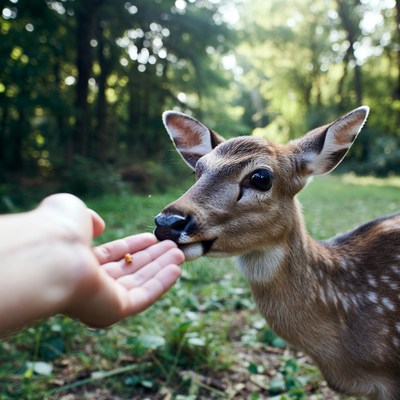 Hand feeding fawn in forest