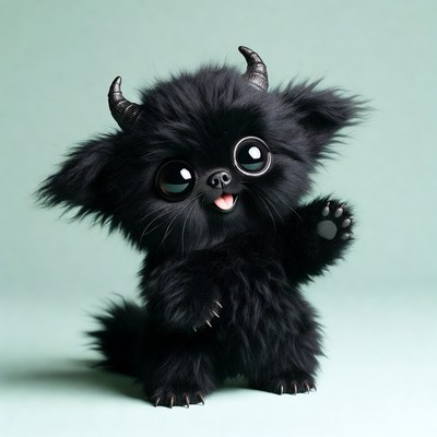 Cute black demon kitten waving