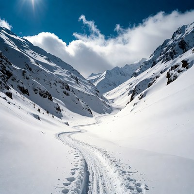 Snowy Mountain Valley with Ski Tracks