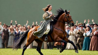 Woman riding horse cheered by crowd