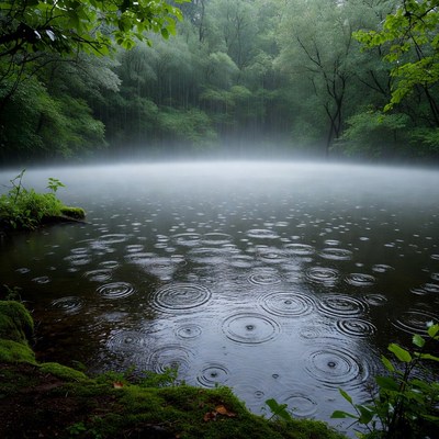Rain falling on misty forest lake