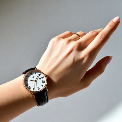 Woman's hand wearing white dial watch