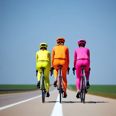 Three women cyclists in bright suits riding