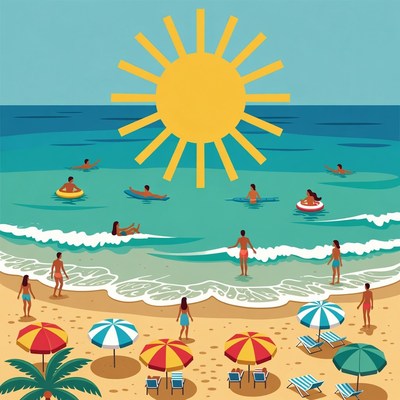 Crowded Beach Scene with Sunbathers