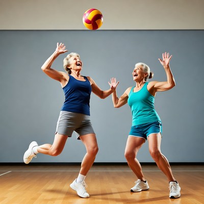 Senior women playing volleyball