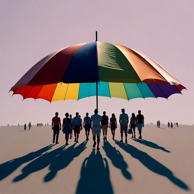 Group under giant rainbow umbrella