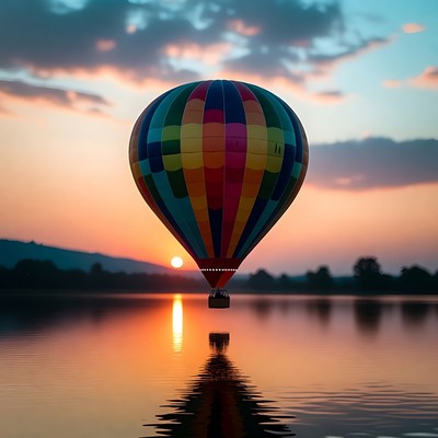 Colorful Hot Air Balloon Sunset Reflection