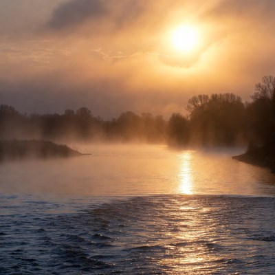 Sunrise over misty river with trees