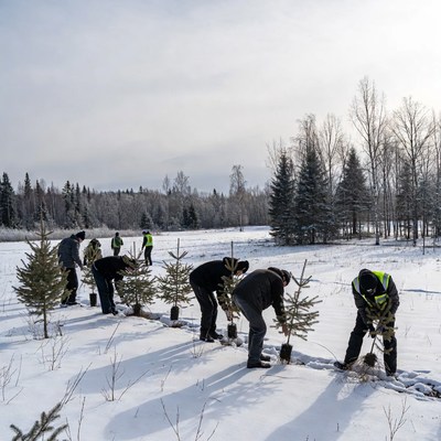 Workers planting trees in snowy forest