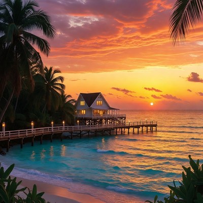 Tropical Beach House at Sunset