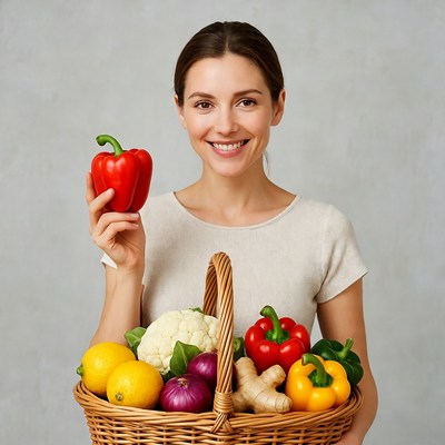 Woman holding basket of fresh vegetables