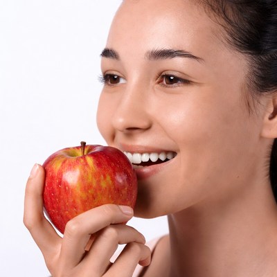 Asian woman biting red apple